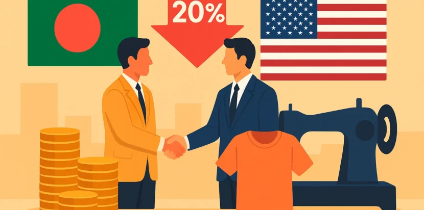 Illustration of Bangladesh-US trade deal with reduced 20% tariff, showing handshake between businessmen, flags, garment industry icons, and coins.