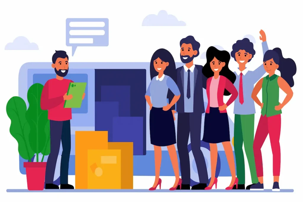 Illustration of HR manager and diverse team representing PEO and EOR services in Bangladesh