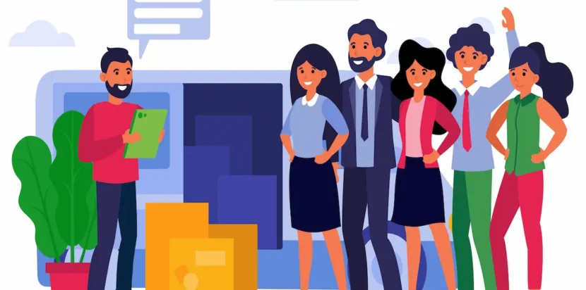 Illustration of HR manager and diverse team representing PEO and EOR services in Bangladesh